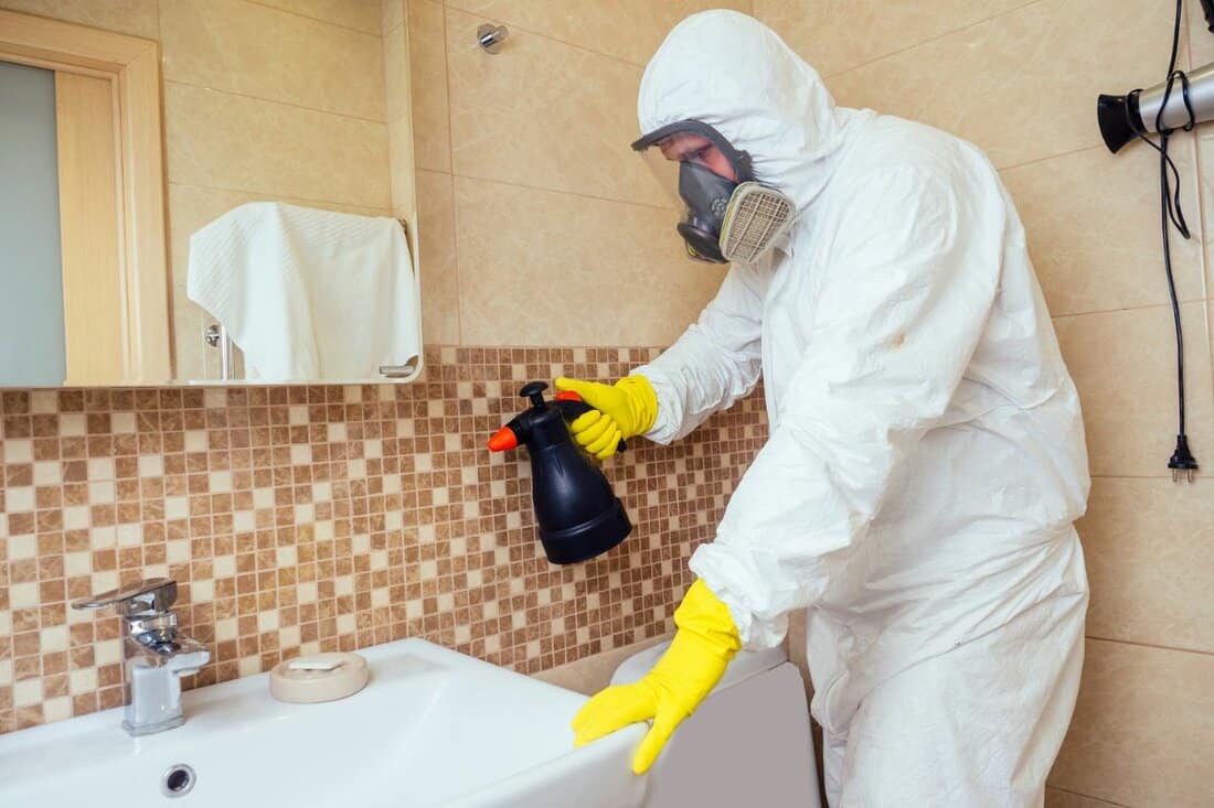 pest control worker spraying pesticides with sprayer in bathroom:processing the toilet and shower.