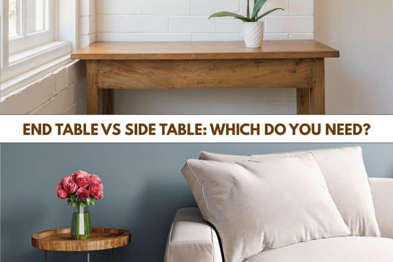 Wooden end table beside a sofa and a wooden side table against a wall both with flower vases, End Table Vs Side Table: Which Do You Need?