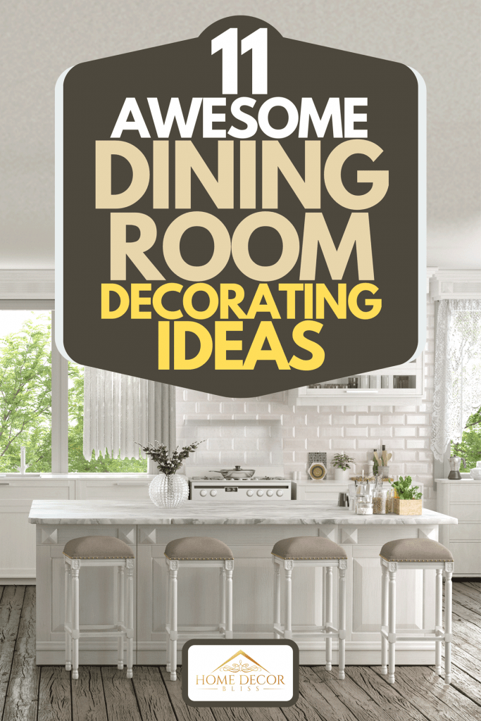 Design d'intérieur de cuisine avec table d'îlot, murs de briques blanches et plancher de bois franc, 11 superbes idées de décoration de salle à manger