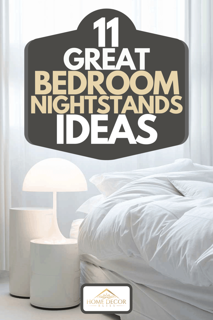 A cozy bed in a white bedroom interior with nightstand, 11 Great Bedroom Nightstands Ideas