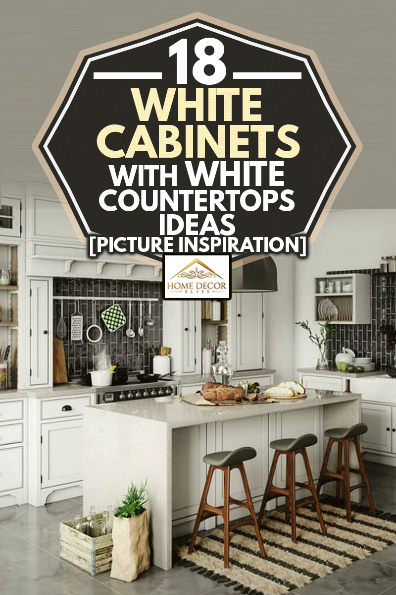 Intérieur de cuisine domestique de luxe (élégant) avec des éléments rustiques, 18 armoires blanches avec des idées de comptoirs blancs [Picture Inspiration]