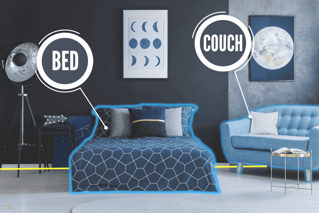 Blue themed bedroom with blue sofas and beddings, 9 Bedrooms With A Couch Layouts