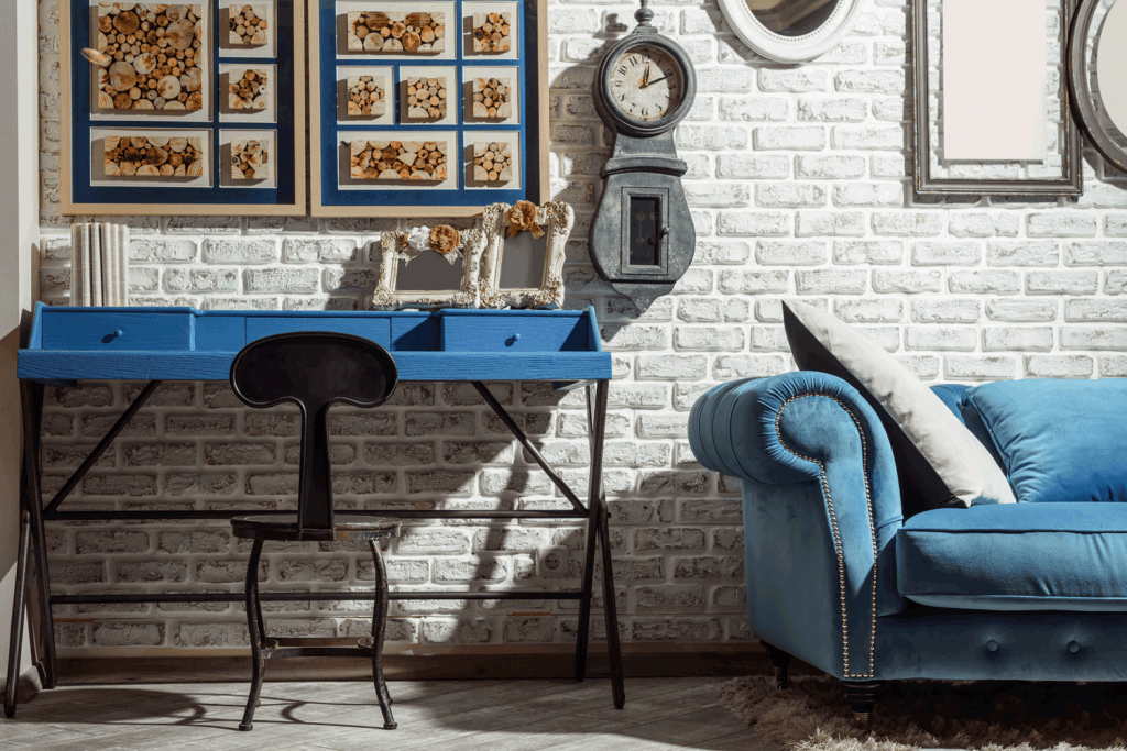 A blue console table inside a Victorian concept home