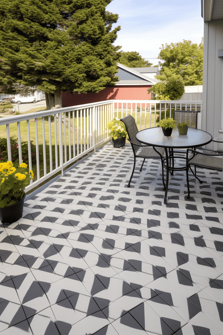A hyperrealistic deck painted to resemble tile, featuring a repeating pattern created with tile-style stencils, giving your outdoor space the appearance of an elegant tiled deck