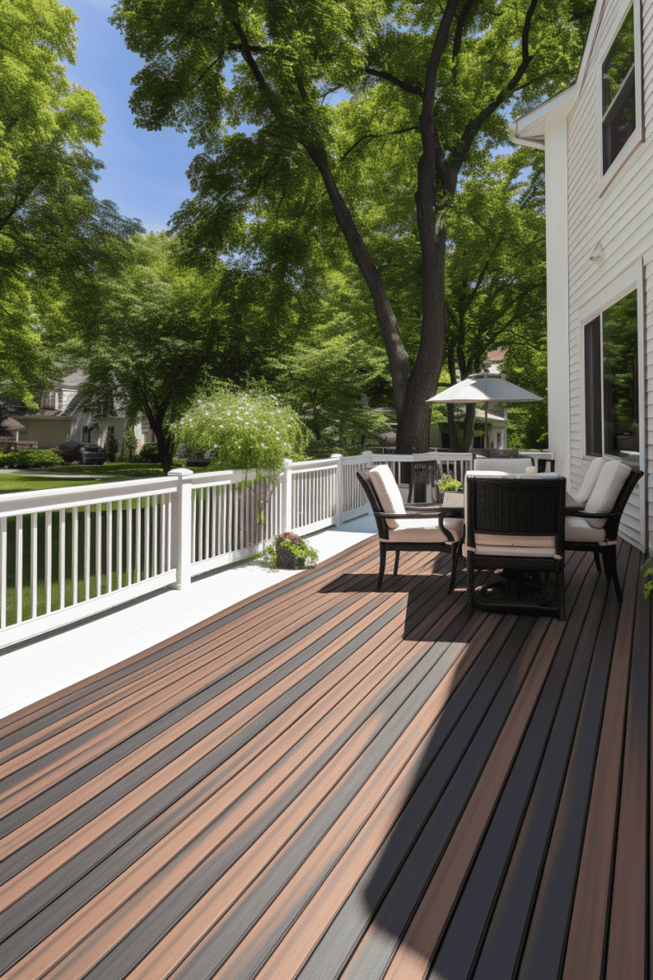 A hyperrealistic deck with stained wood and painted side of the borders in white, creating a structured and visually appealing look