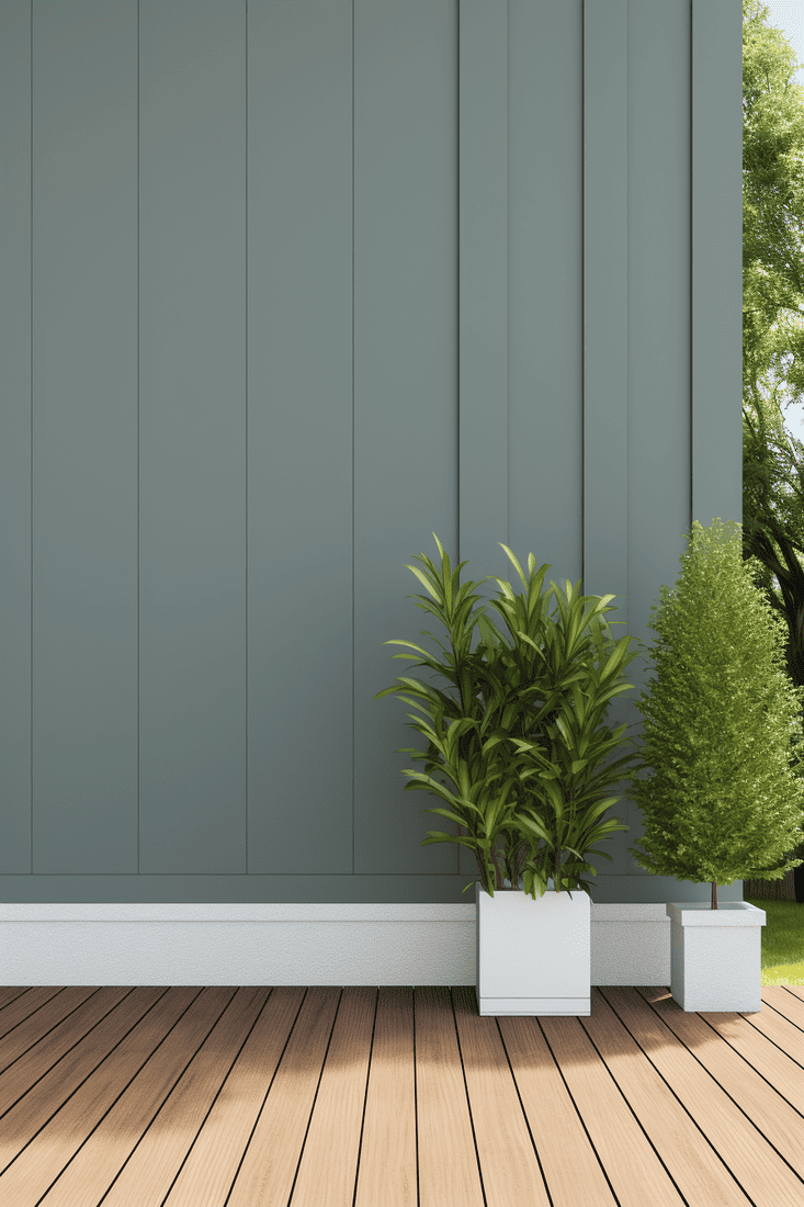 A hyperrealistic grey deck with white trim on the side of the wall, green wall siding. showing two plants in a white pot.