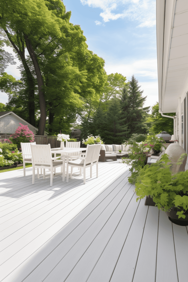 A hyperrealistic white deck in a backyard with the appearance of cleanliness, reflecting natural light to create an expansive and cool outdoor space