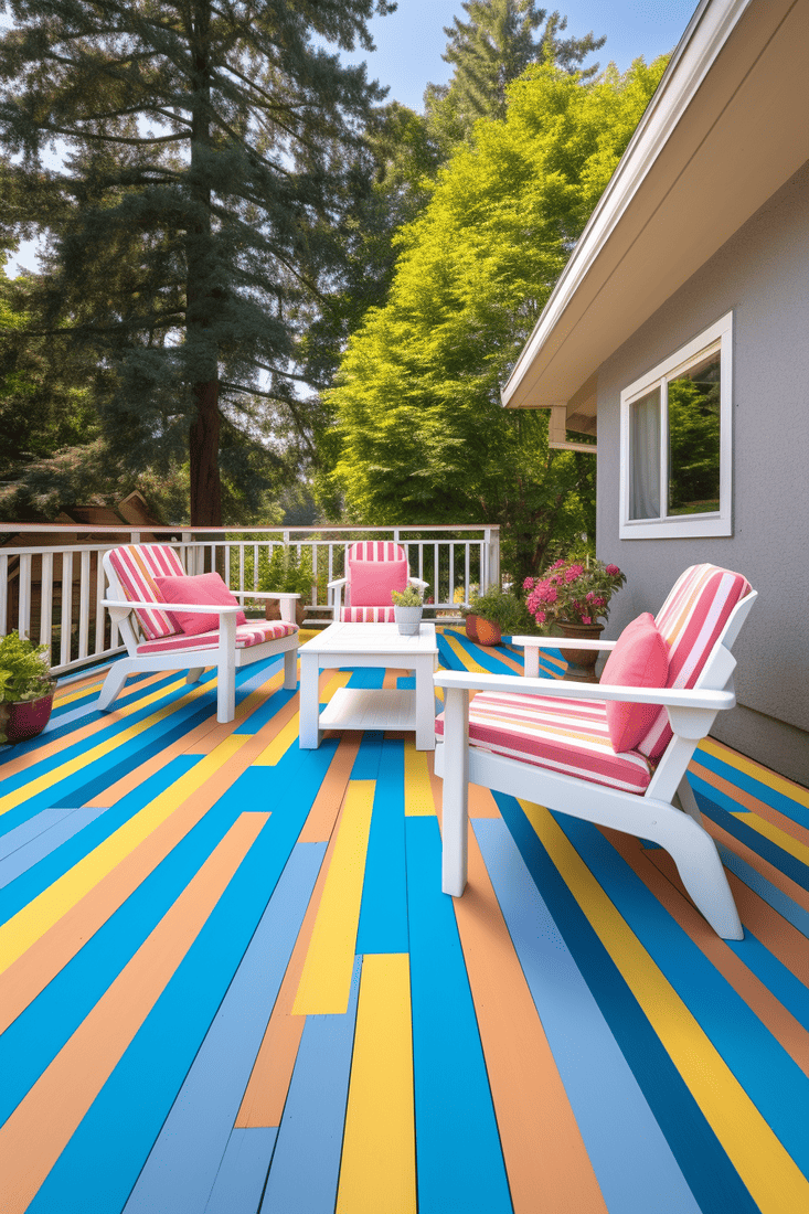 A photorealistic deck with alternating color stripes on the boards