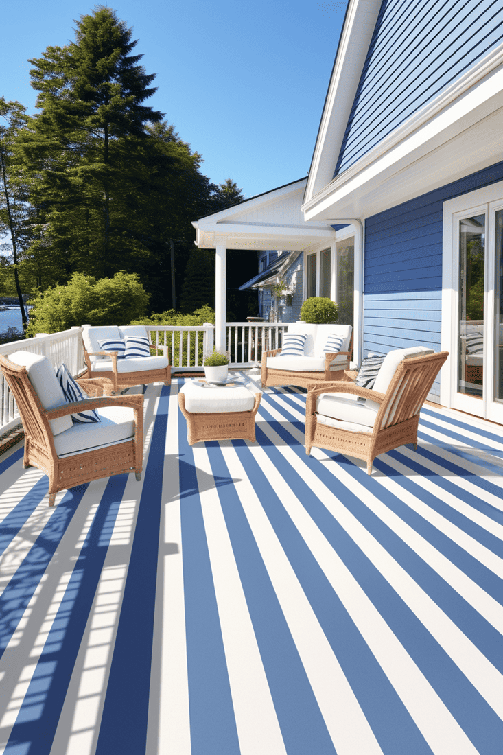 A photorealistic deck with nautical stripes in blue and white.