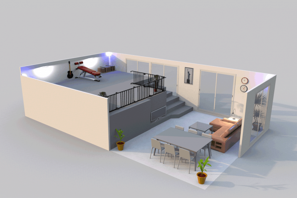 Un appartement à double étage avec un canapé sectionnel marron, une table basse en verre et un coin cuisine ouvert