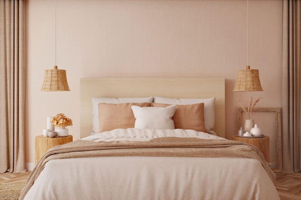 Bedroom interior with beige tones design wall