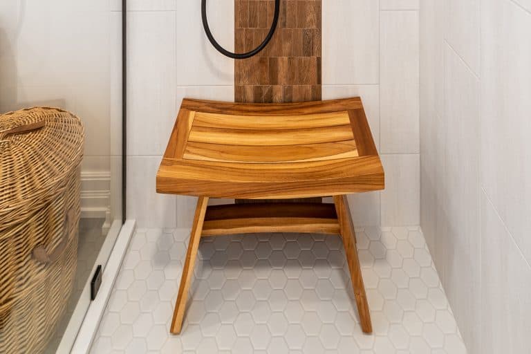 Black shower fixtures and teak wood bench, How To Clean Mold Off A Shower Bench