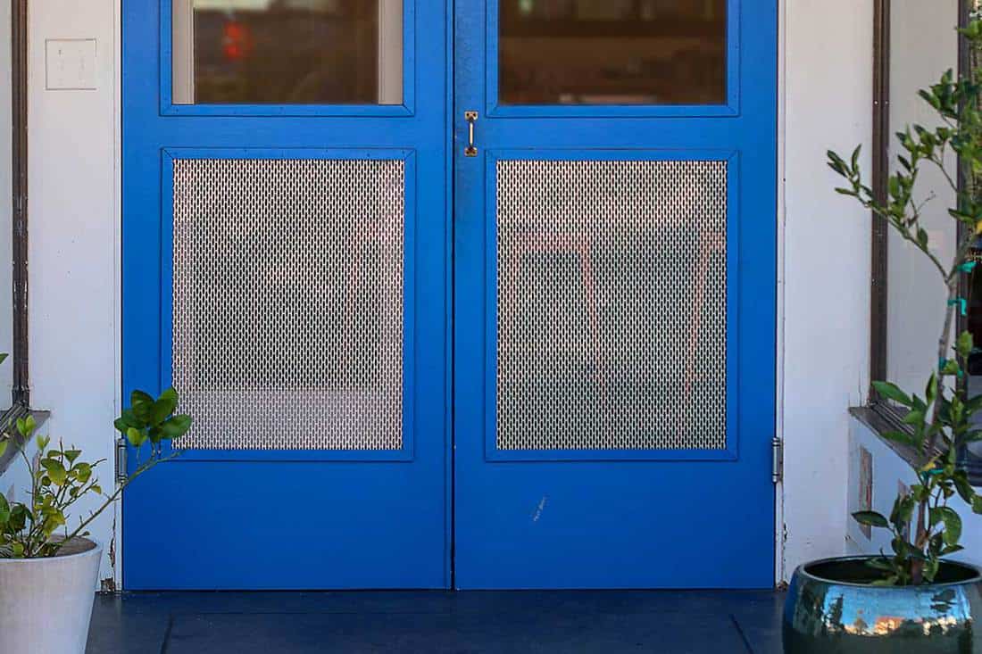 Blue wooden doors as an entrance to a building covered with screen and has reflections in the top portion of the doors, 8 Types Of Screen Doors