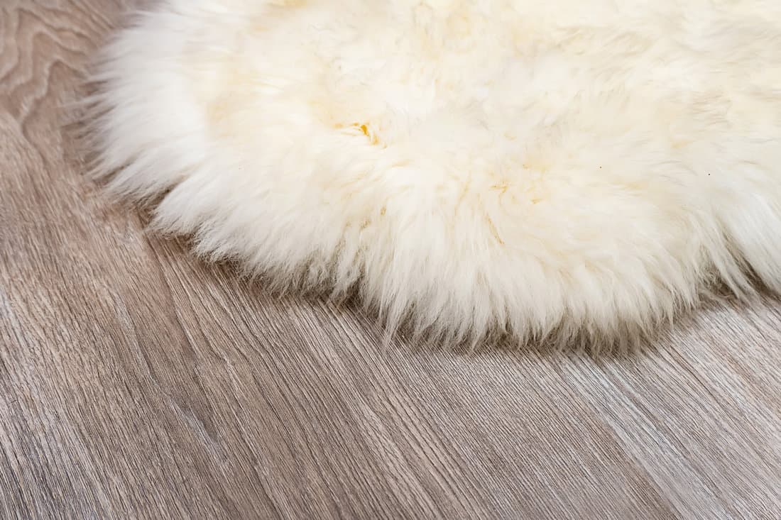Decorative fur carpet on wood floor background.