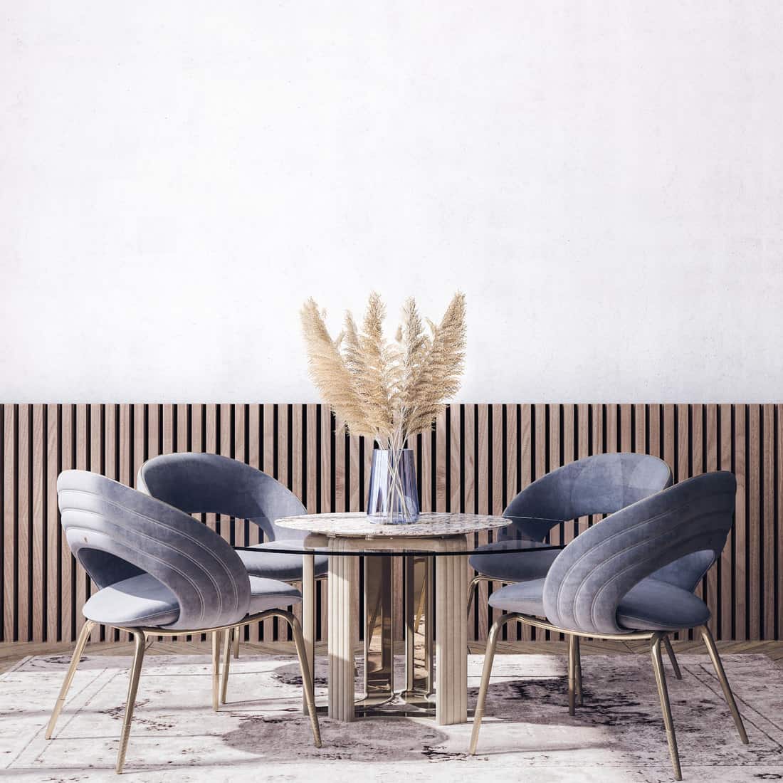 Conception de salle à manger avec des chaises tendance bleues sur un mur design de lattes de bois