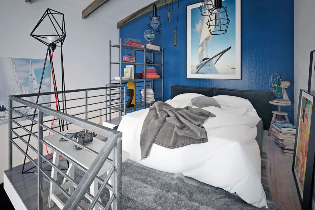 Modern teen loft bedroom with gray carpet and blue wall, What Color Walls With Grey Carpet?