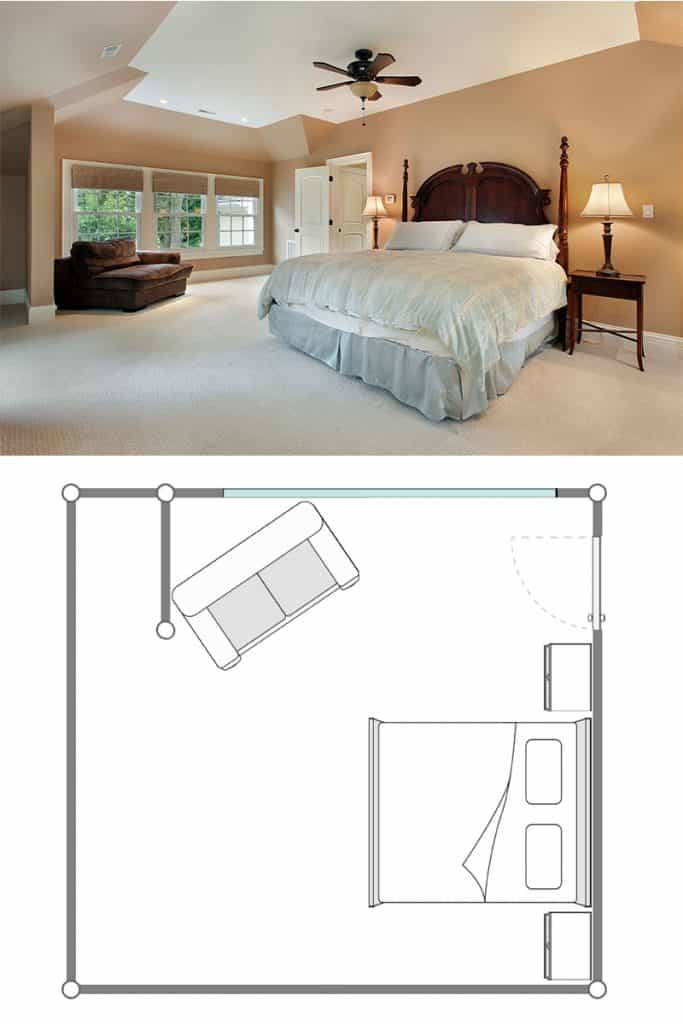 Superbe chambre à thème victorienne moderne, lit confortable et tapis de couleur gris clair