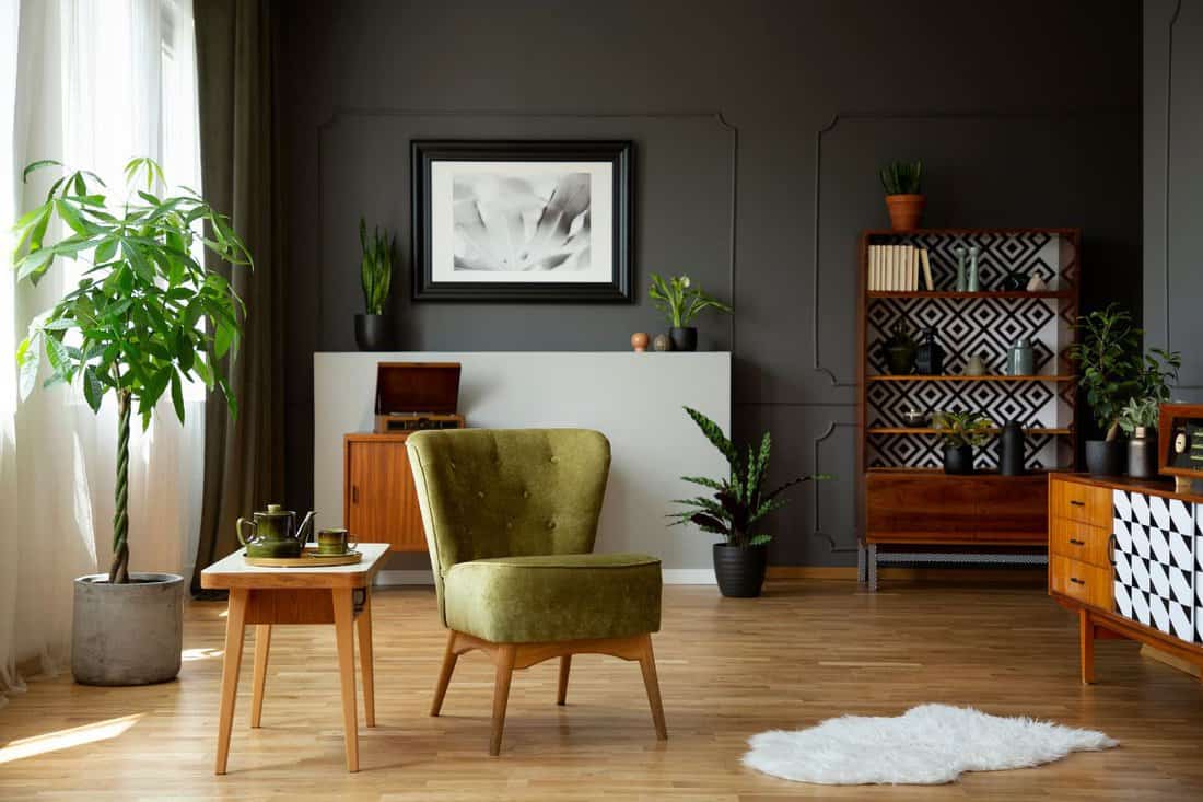 Green armchair standing in real photo of living room interior with retro cupboards, fresh plants, white rug and end table with tea set.
