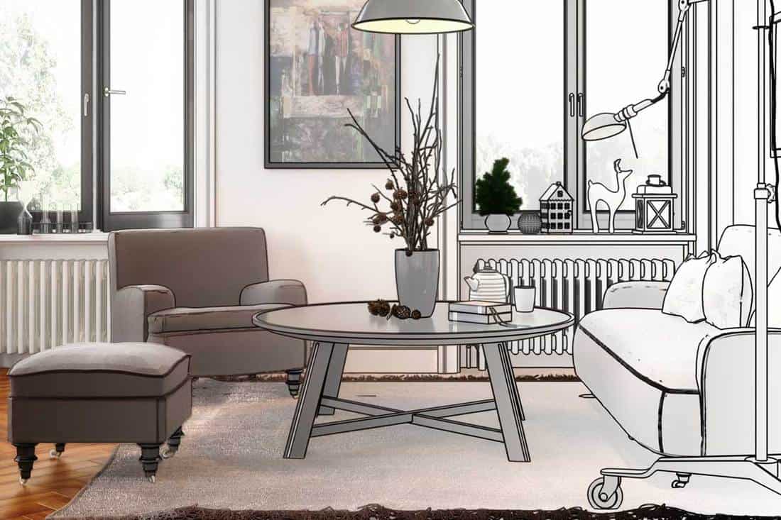 Half sketch layout of a modern living room, 5 Rectangular Living Room Layouts You Should Consider