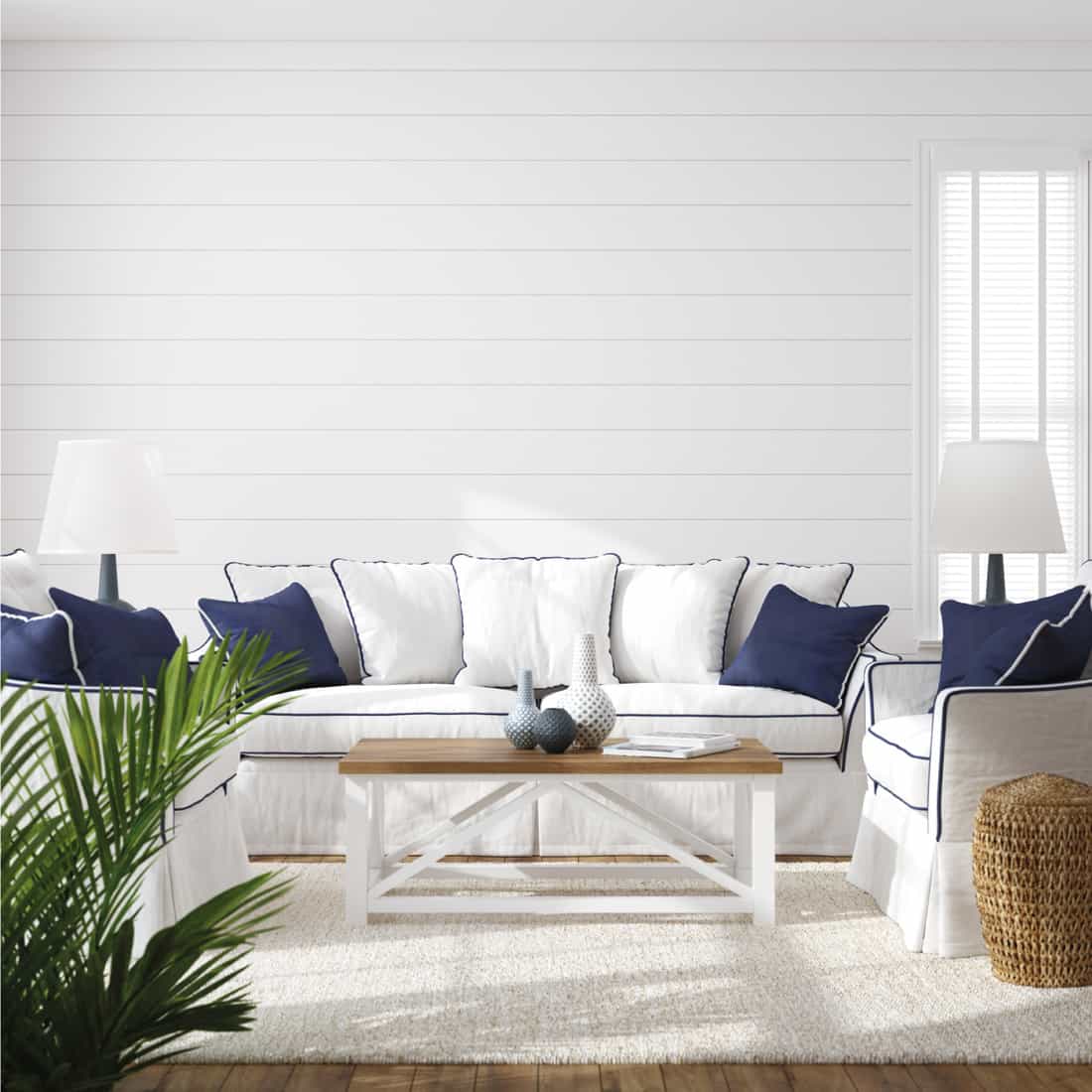 Hampton-style living room interior, C shaped seating