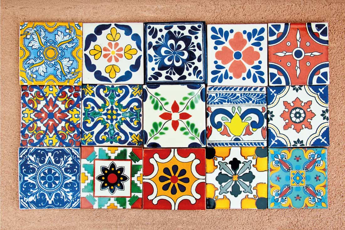 Handcrafted, hand-painted Mexican ceramic bathroom tile with floral pattern