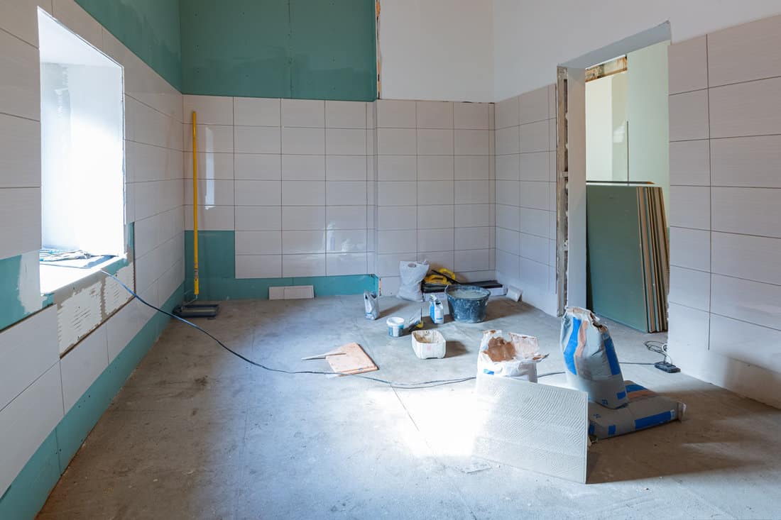 Interior of a bathroom undergoing construction