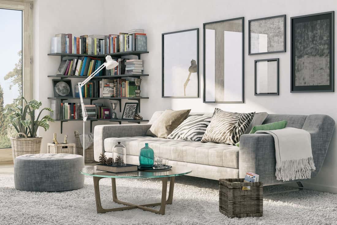 Interior of a gorgeous modern living room with a gray sofa, gray ottoman, gray carpet, and a bookcase on the background, How Deep Should a Bookcase Be?