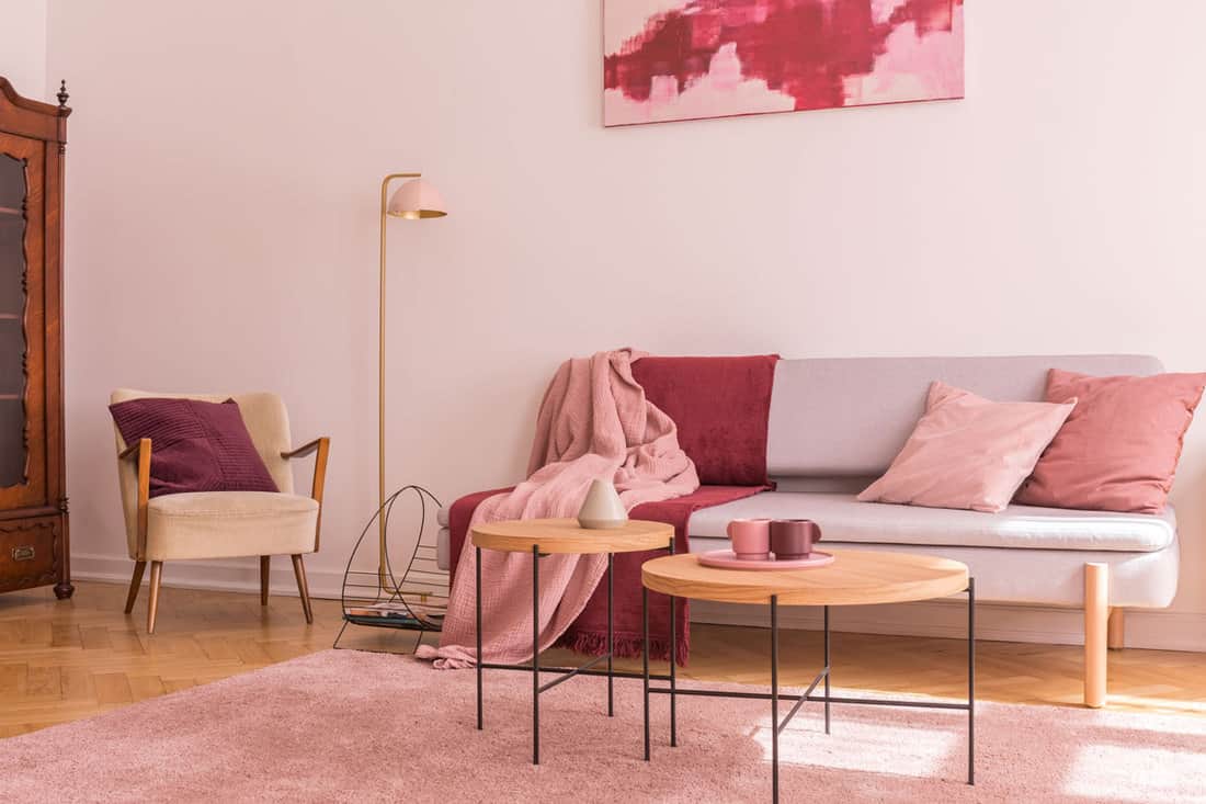 Interior of a minimalist pink colored living room with a white sofa, white pillows, wooden tables, and a pink carpet, What Curtains Go With Pink Walls?