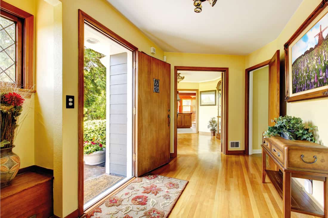 Large old luxury house entrance with art and yellow walls, long and narrow foyer
