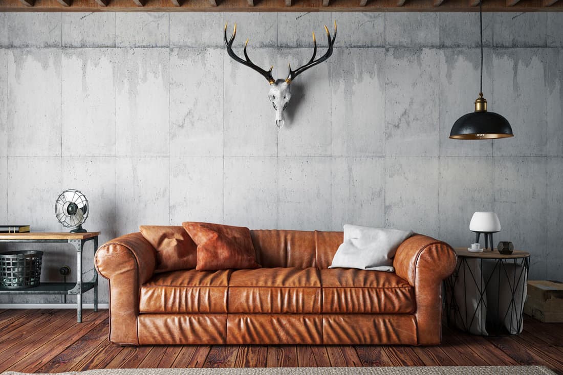 Loft Interior with Leather Sofa and Skull