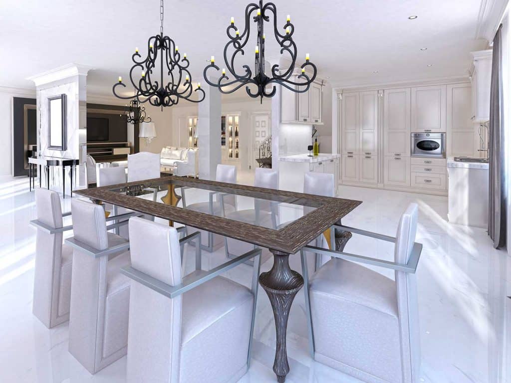 Luxurious dining room with dining table and designer chairs