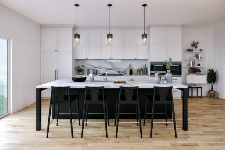 Minimalist inspired contemporary kitchen with a white granite breakfast bar,Best Colors For Kitchen Cabinets And Countertops [6 Awesome Combinations!]