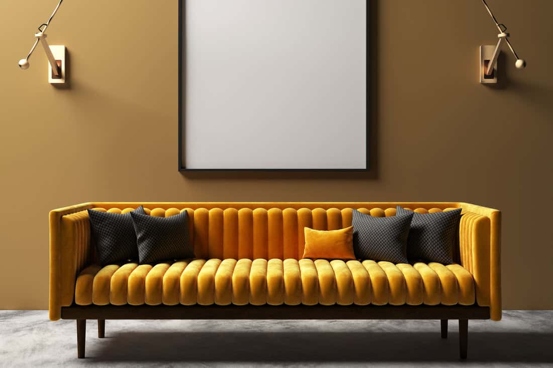 Mock-up in elegant interior background, modern style with gold couch, What Goes With A Gold Couch? [Colors And Decor Explored]