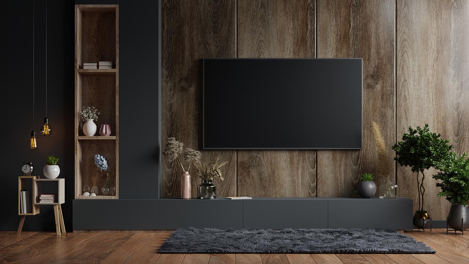 Mockup a TV wall mounted in a dark room with a dark wood wall