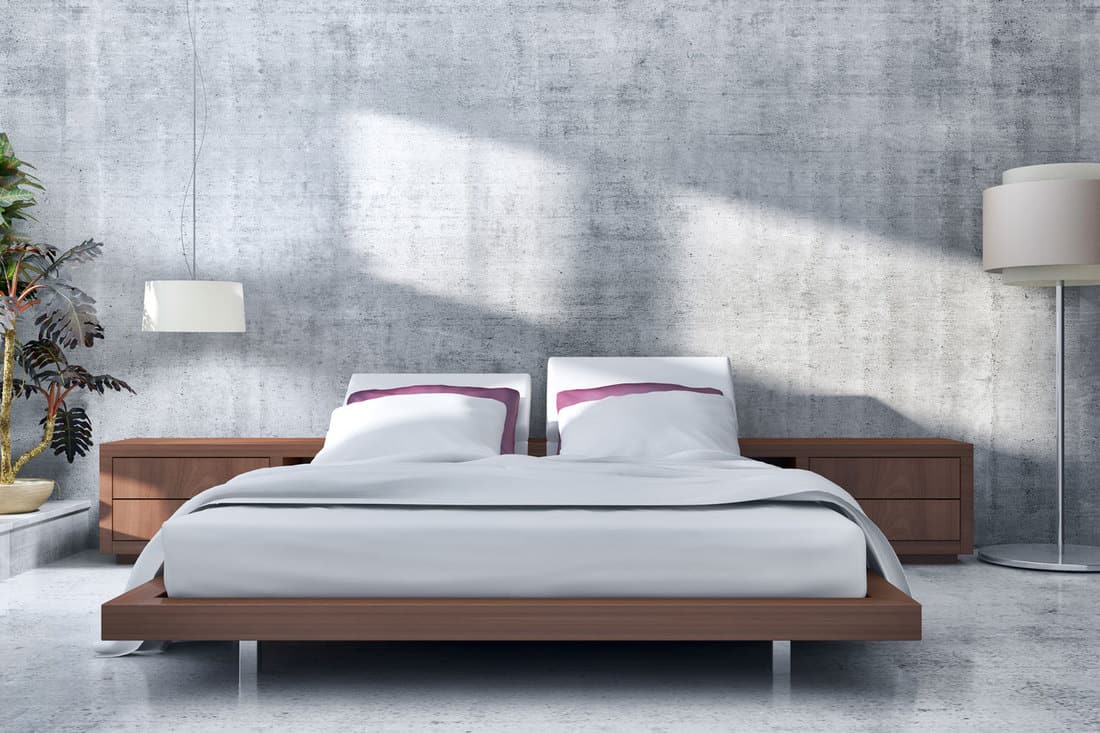 Modern bright bedroom interior with gray walls