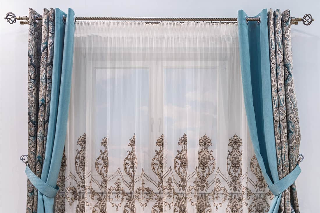 modern design of a small window, combined curtain with eyelets monochromatic turquoise fabric, How To Hang Eyelet Curtains