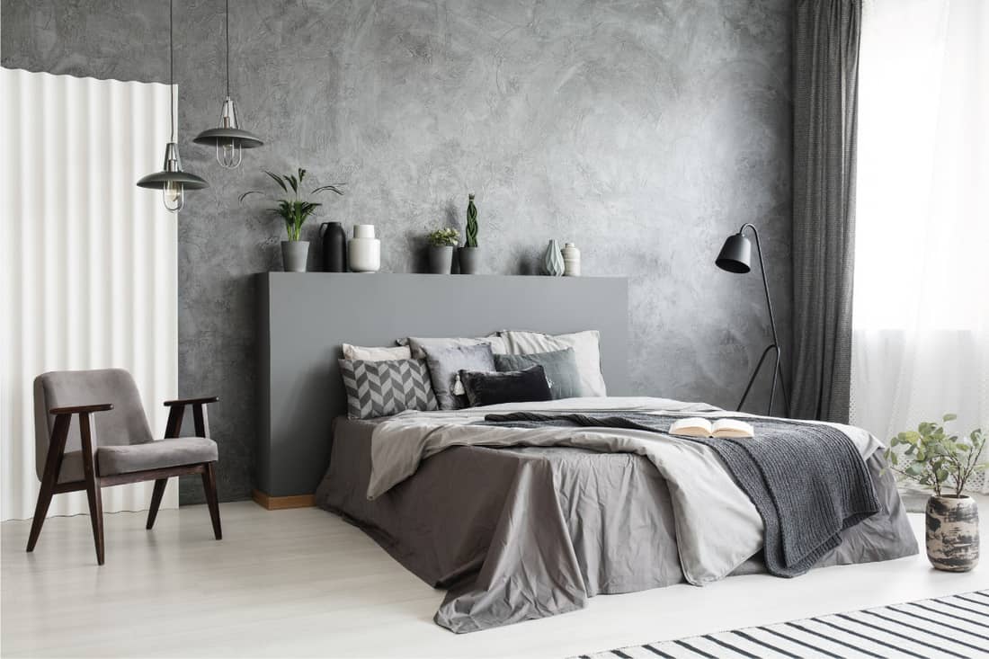 Modern gray bedroom interior with big bed with pillows and linen, 23 Fantastic Gray and White Bedroom Ideas