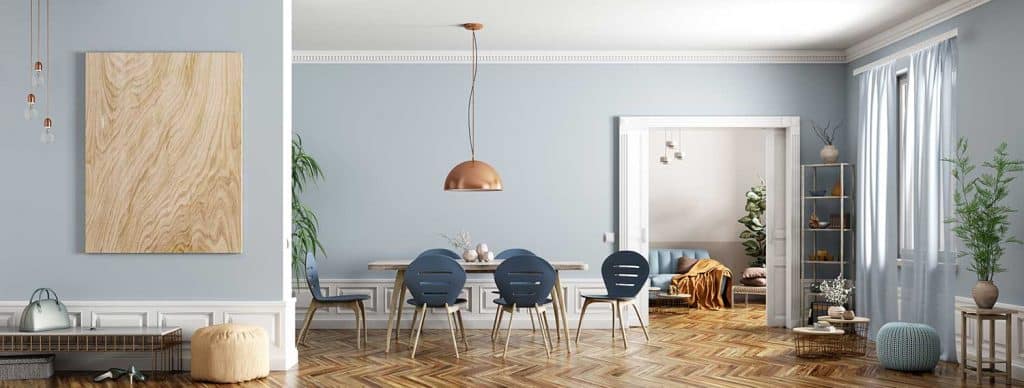 Design intérieur moderne d'appartement, salle à manger avec table et chaises, salon avec canapé et hall