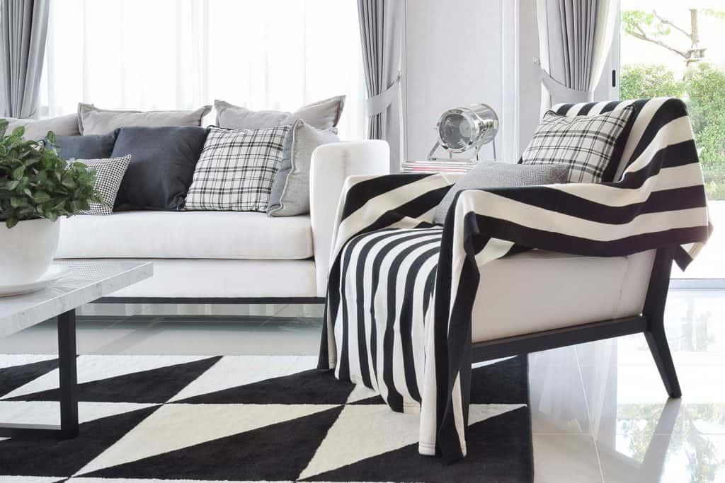 Modern living room interior with black and white checked pattern pillows and carpet