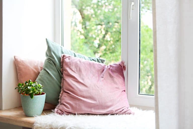 Pillows, small indoor plant, and a fluffy plaid near the window, What To Put In Front Of A Window In The Living Room?