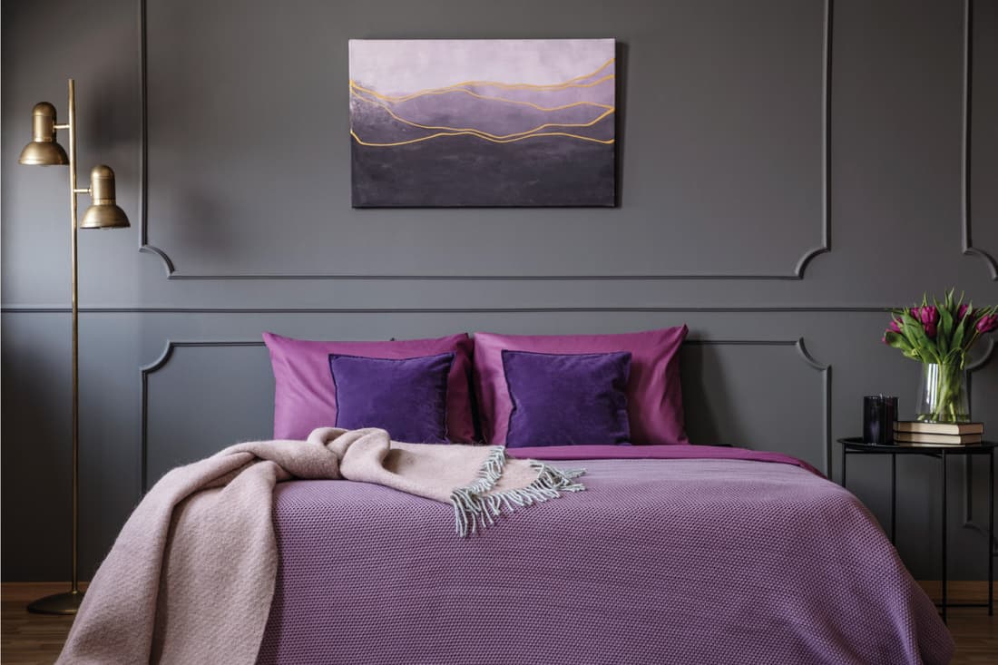 Pink blanket on purple bed in elegant bedroom interior with painting on gray molding wall