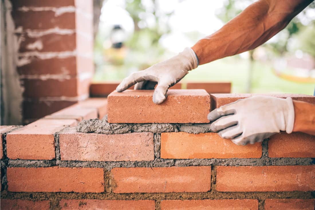 Professional construction worker laying bricks