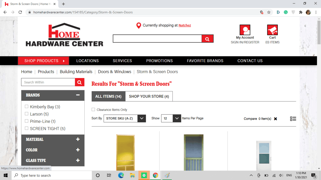 Screenshot of Home Hardware Center screen/storm door category