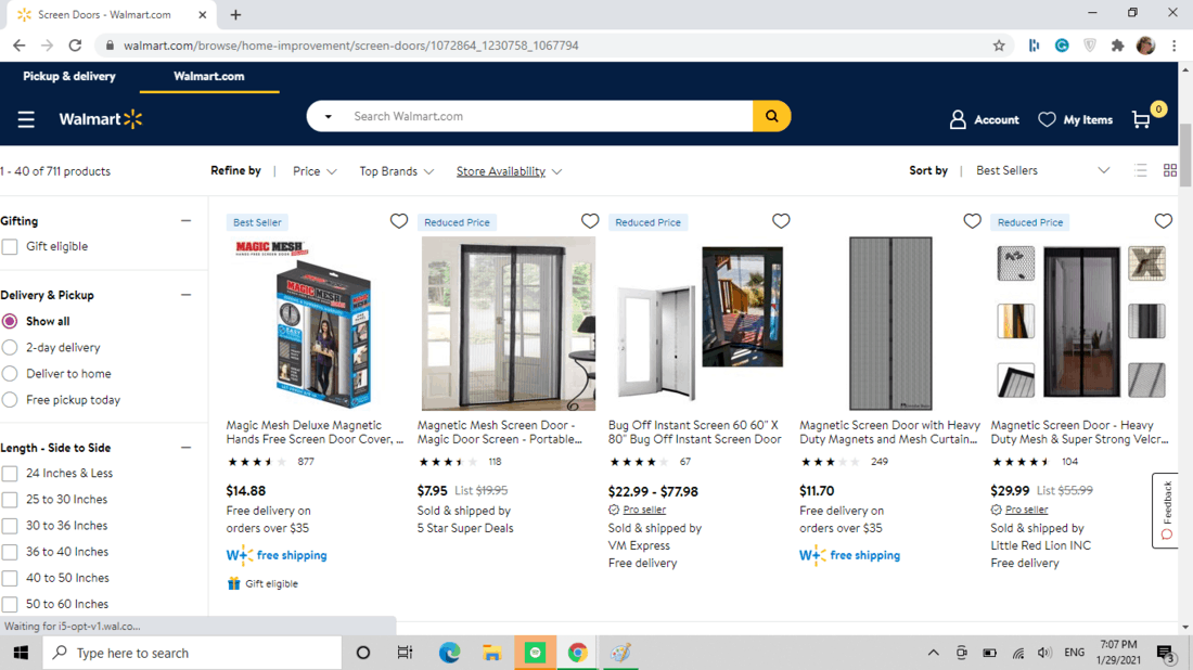 Screenshot of Walmart screen door category