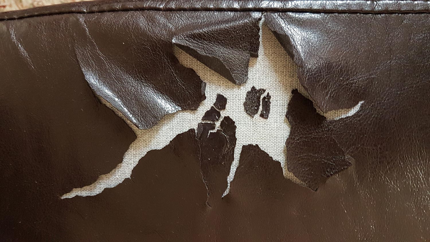 Sofa leather torn tear brown