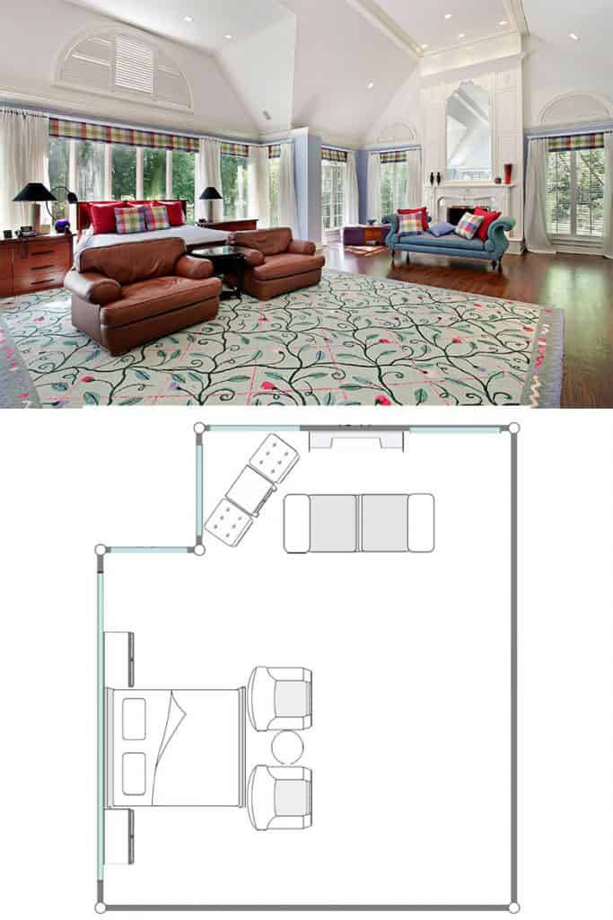 Chambre spacieuse à thème vintage avec canapés en cuir marron, tapis à fleurs, parquet et un lit king-size confortable