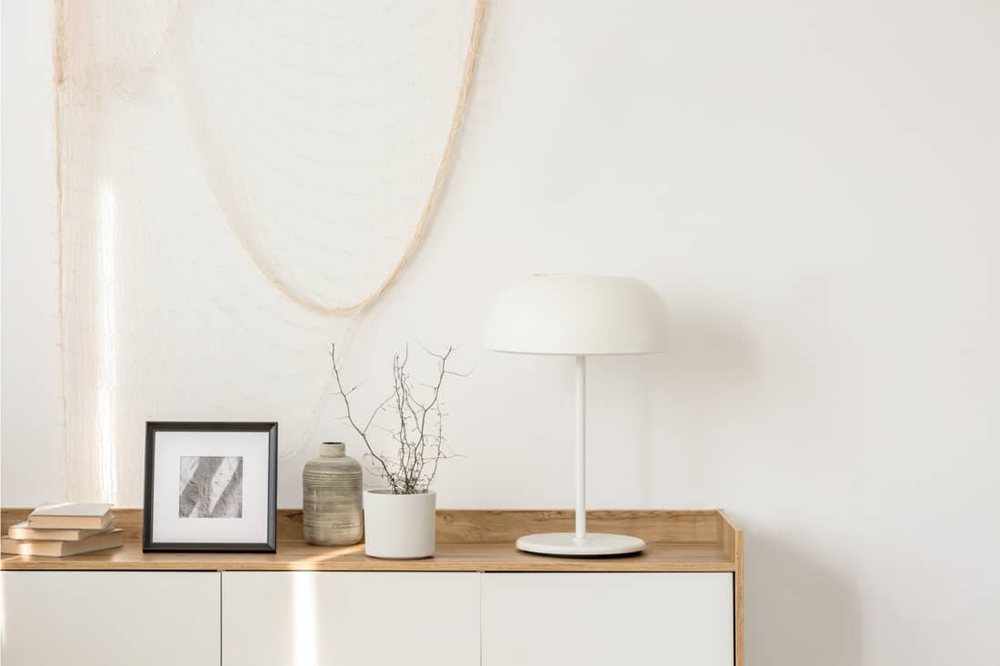 Lampe industrielle blanche, photo dans le cadre et plante en pot sur table console en bois dans un élégant salon avec mur blanc
