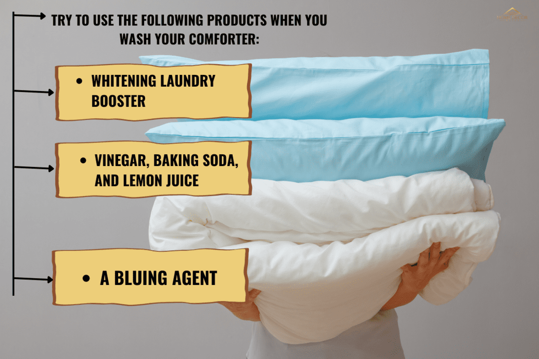 Woman holding a quilt and pillows on a background of gray wall. Stack bedding for sleep. Household. - How To Make Comforter White Again