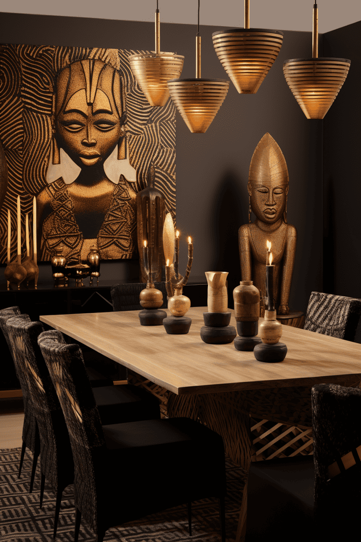a hyperrealistic dining room with African accents, incorporating gold, wood, and animal prints for an earthy yet elegant vibe