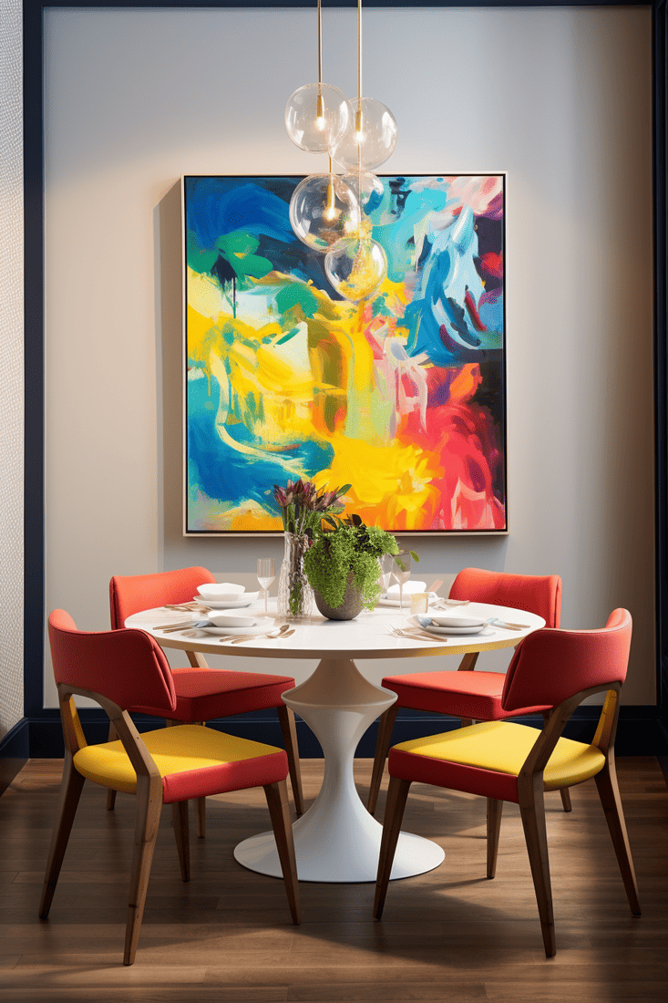 a hyperrealistic dining room with bright, colorful chairs, tables, and paintings, creating a stylish and artsy atmosphere